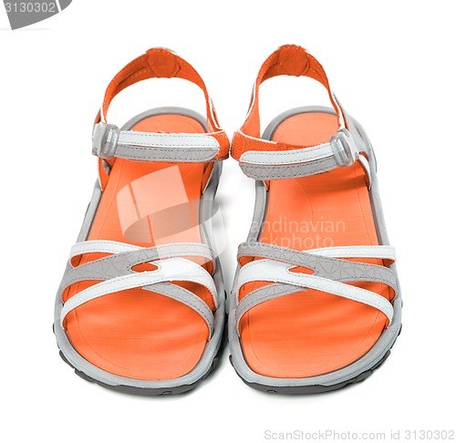 Image of Pair of summer sandals. Front view. 