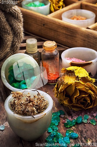 Image of wooden box with accessories for Spa treatments