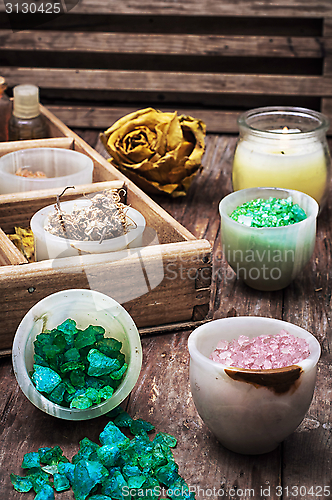 Image of wooden box with accessories for spa treatments