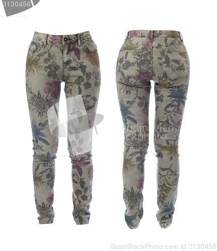 Image of Collage of women's jeans with floral pattern. Isolate on white. 