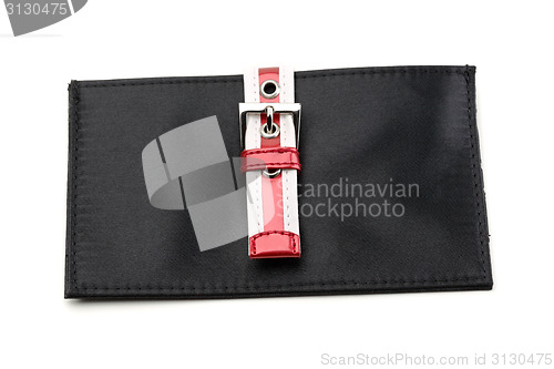 Image of Black female clutch with buckle.