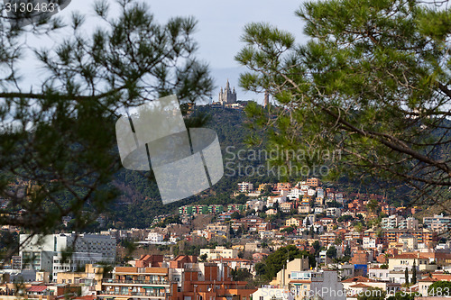 Image of View of Mount Tibidabo through the branches of pine trees.