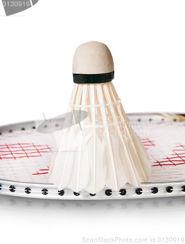 Image of Feather shuttlecocks on the racket standing