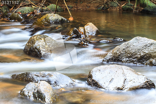 Image of waterfall and rocks covered with moss