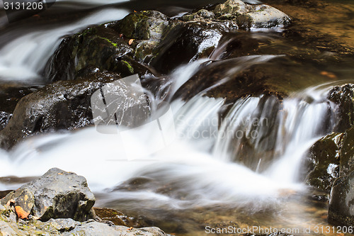 Image of waterfall and rocks covered with moss