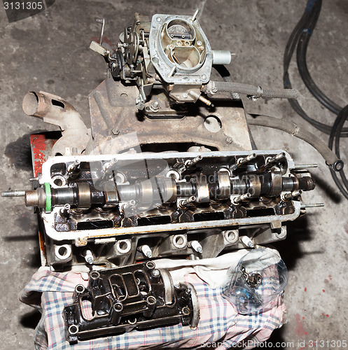 Image of Car engine parts in the repair shop