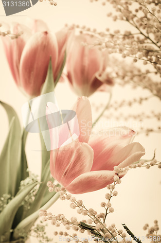 Image of Spring bouquet with a mimosa and tulips