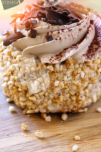 Image of chocolate cake, focus on texture in front