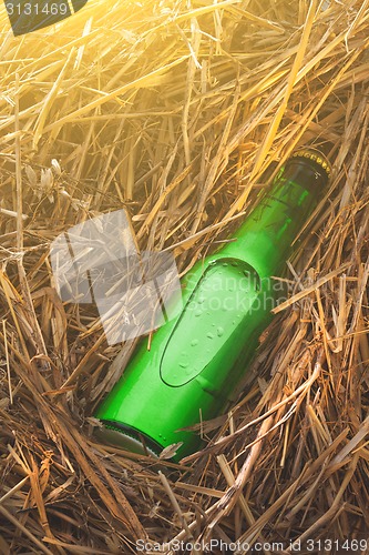 Image of Beer bottle in the stack of hay