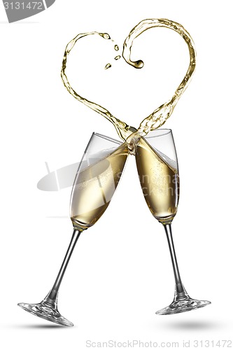 Image of Champagne splash in shape of heart isolated 