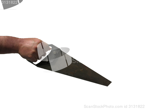 Image of Cutout with hand and hand saw on white background