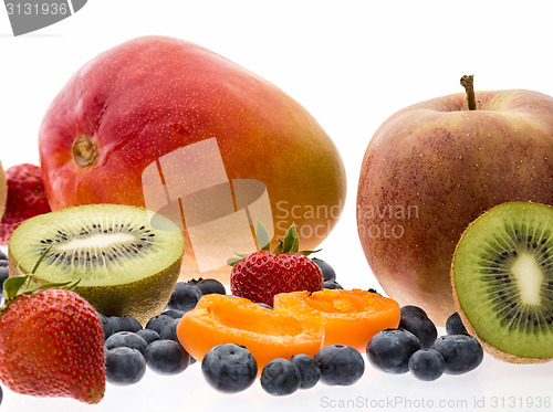 Image of Halved Apricot And Kiwi Fruit On White Background