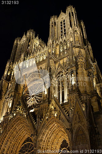 Image of Notre-Dame de Reims Cathedral by night, France.