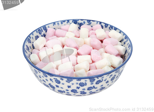 Image of Pink and white mini marshmallows in a blue and white china bowl