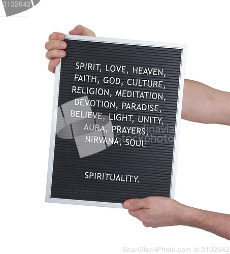 Image of Spirituality concept in plastic letters on very old menu board