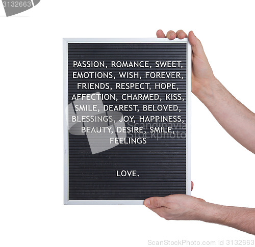 Image of Love concept in plastic letters on very old menu board