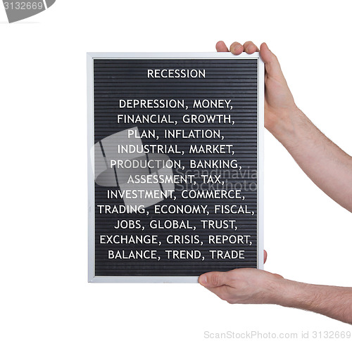 Image of Recession concept in plastic letters on very old menu board