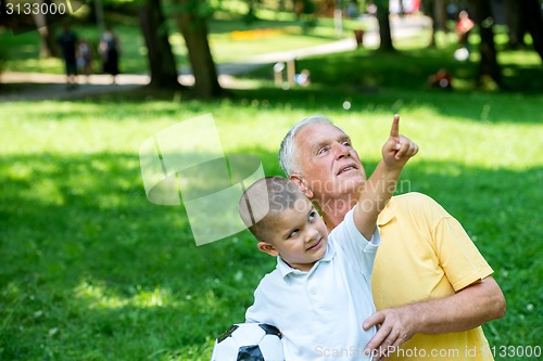 Image of grandfather and child have fun  in park