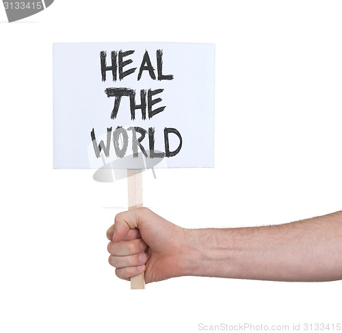 Image of Hand holding sign, isolated on white