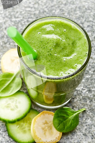 Image of glass of banana, cucumber and spinach smoothie