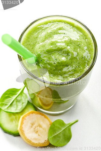 Image of glass of banana, cucumber and spinach smoothie