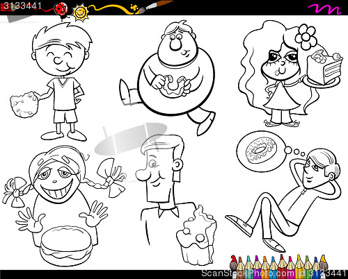 Image of sweets and kids coloring page set