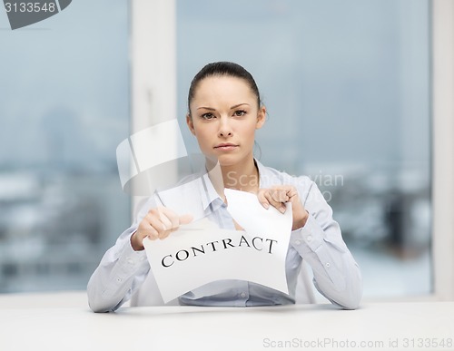 Image of serious businesswoman tearing contract