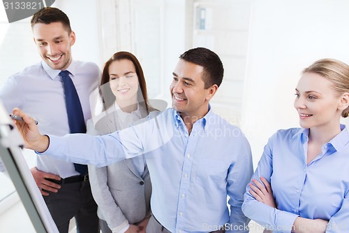 Image of smiling business people meeting in office