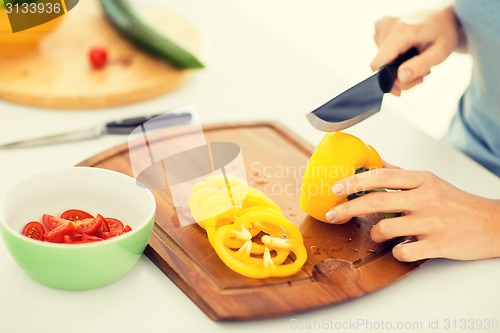 Image of woman hands cutting vegetables