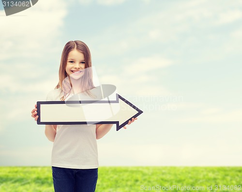 Image of smiling girl with blank arrow pointing right