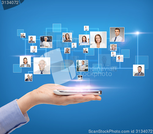 Image of woman hand with smartphone over icons of contacts