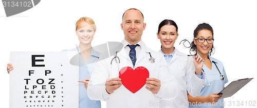 Image of group of smiling doctors with red heart shape