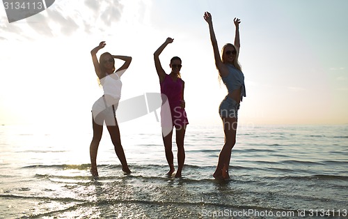 Image of happy female friends dancing on beach