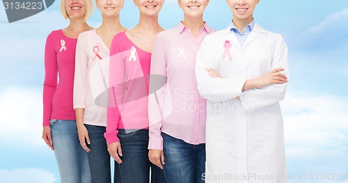 Image of close up of women with cancer awareness ribbons