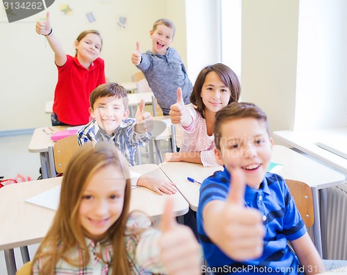 Image of group of school kids showing thumbs up