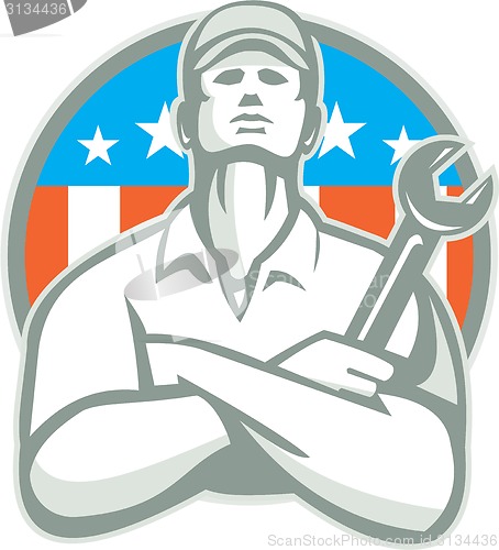 Image of Mechanic Arms Crossed Wrench USA Flag Retro