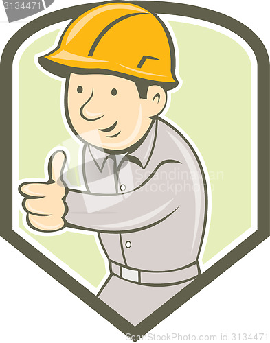 Image of Builder Construction Worker Thumbs Up Shield Cartoon