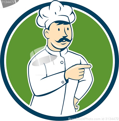 Image of Chef Cook Mustache Pointing Circle Cartoon
