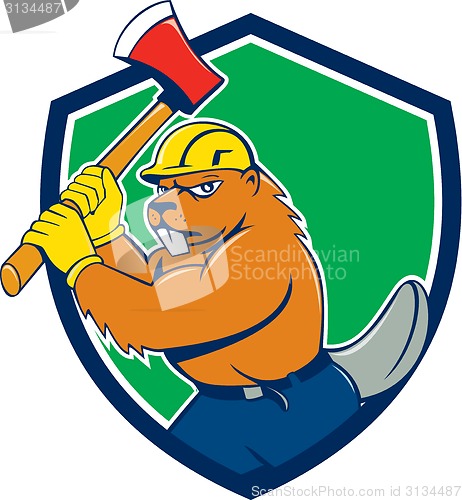 Image of Beaver Lumberjack Wielding Ax Shield Cartoon