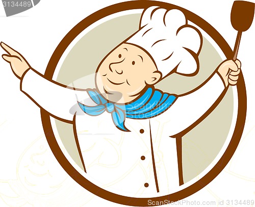 Image of Chef Cook Arms Out Spatula Circle Cartoon 