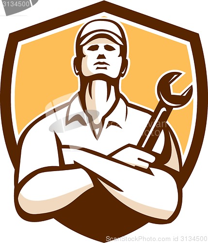 Image of Mechanic Arms Crossed Wrench Shield Retro