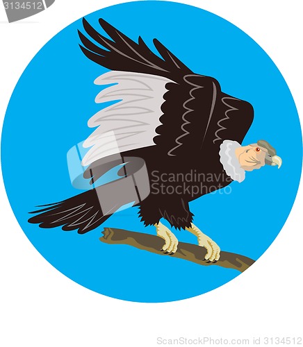Image of California Condor Perching Branch Circle Retro