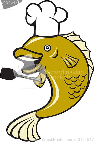 Image of Cook Chef Largemouth Bass Fish Spatula Cartoon