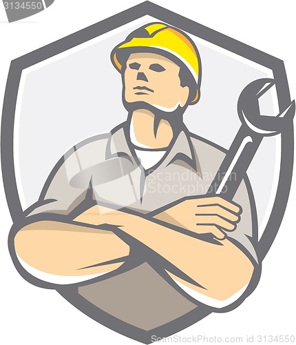 Image of Builder Arms Crossed Wrench Shield Retro
