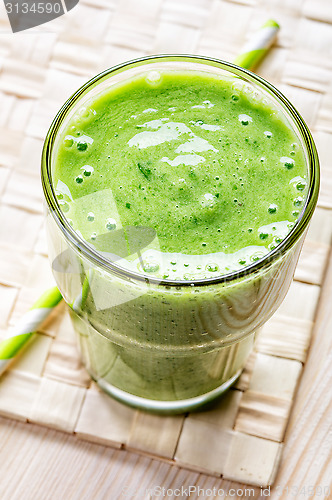 Image of glass of green smoothie, top view