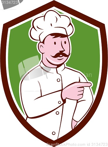 Image of Chef Cook Mustache Pointing Shield Cartoon