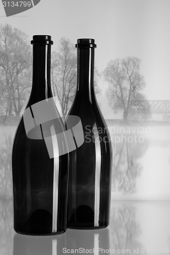 Image of Two bottles and autumn landscape in the mist