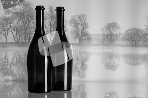 Image of Two bottles and autumn landscape in the mist