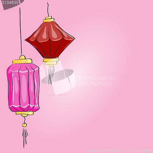 Image of Vector drawing. Two Chinese lantern on a pink background