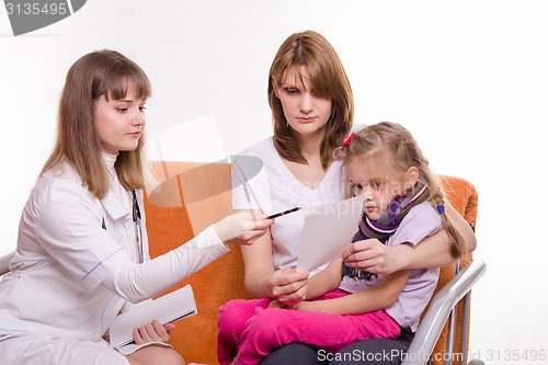 Image of Pediatrician prescribes treatment to child and her mother explains recipe